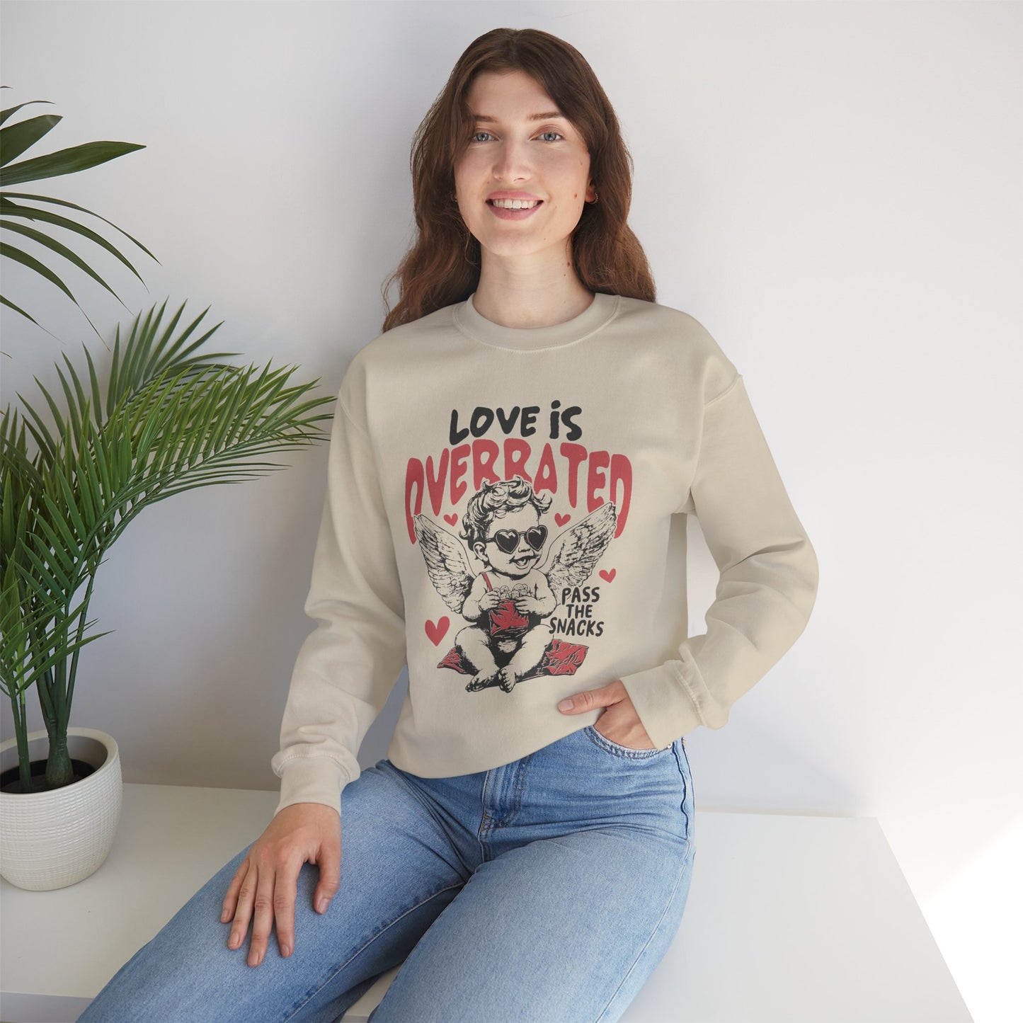 Love is Overrated, Pass the Snacks Graphic Crewneck Sweatshirt
