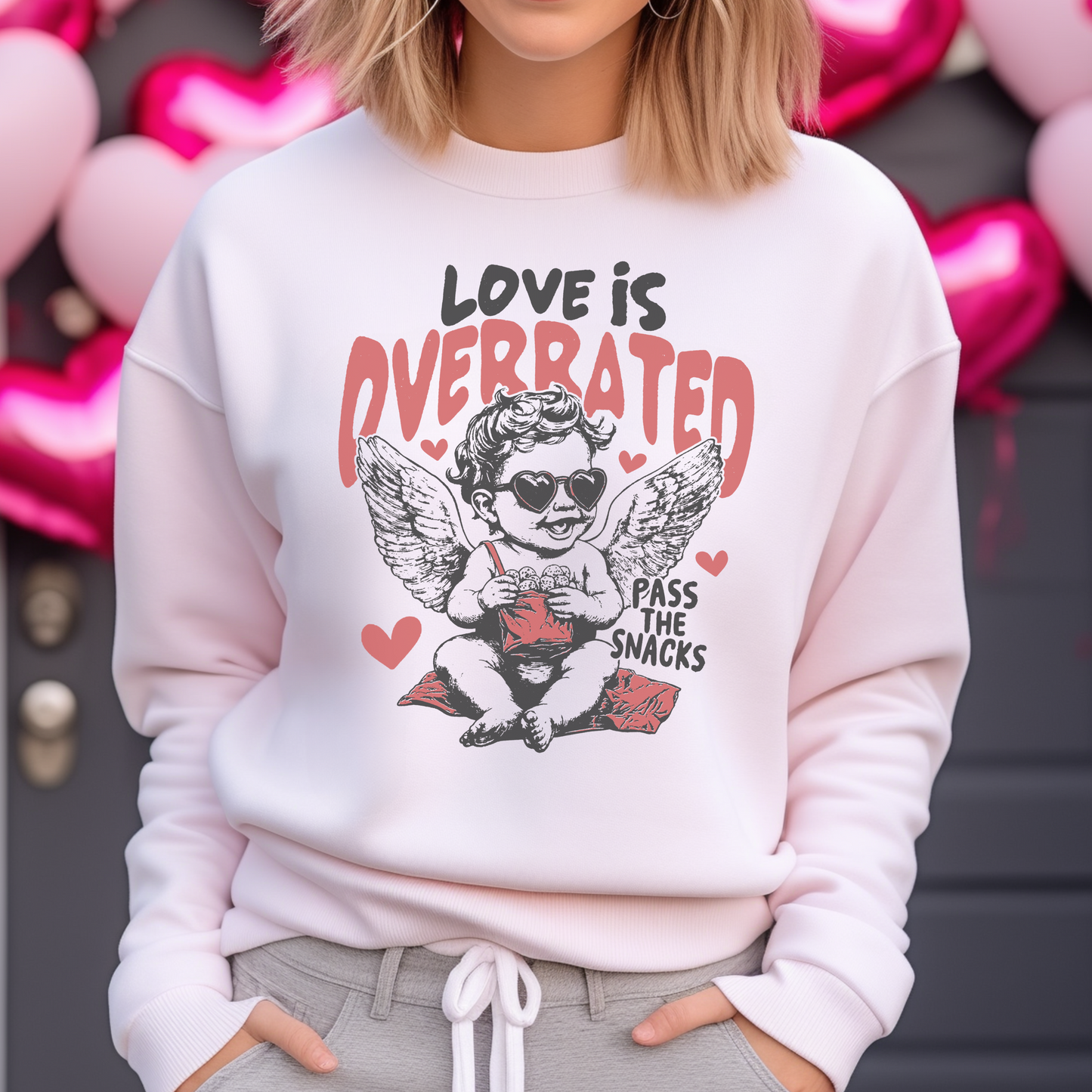 Love is Overrated, Pass the Snacks Graphic Crewneck Sweatshirt