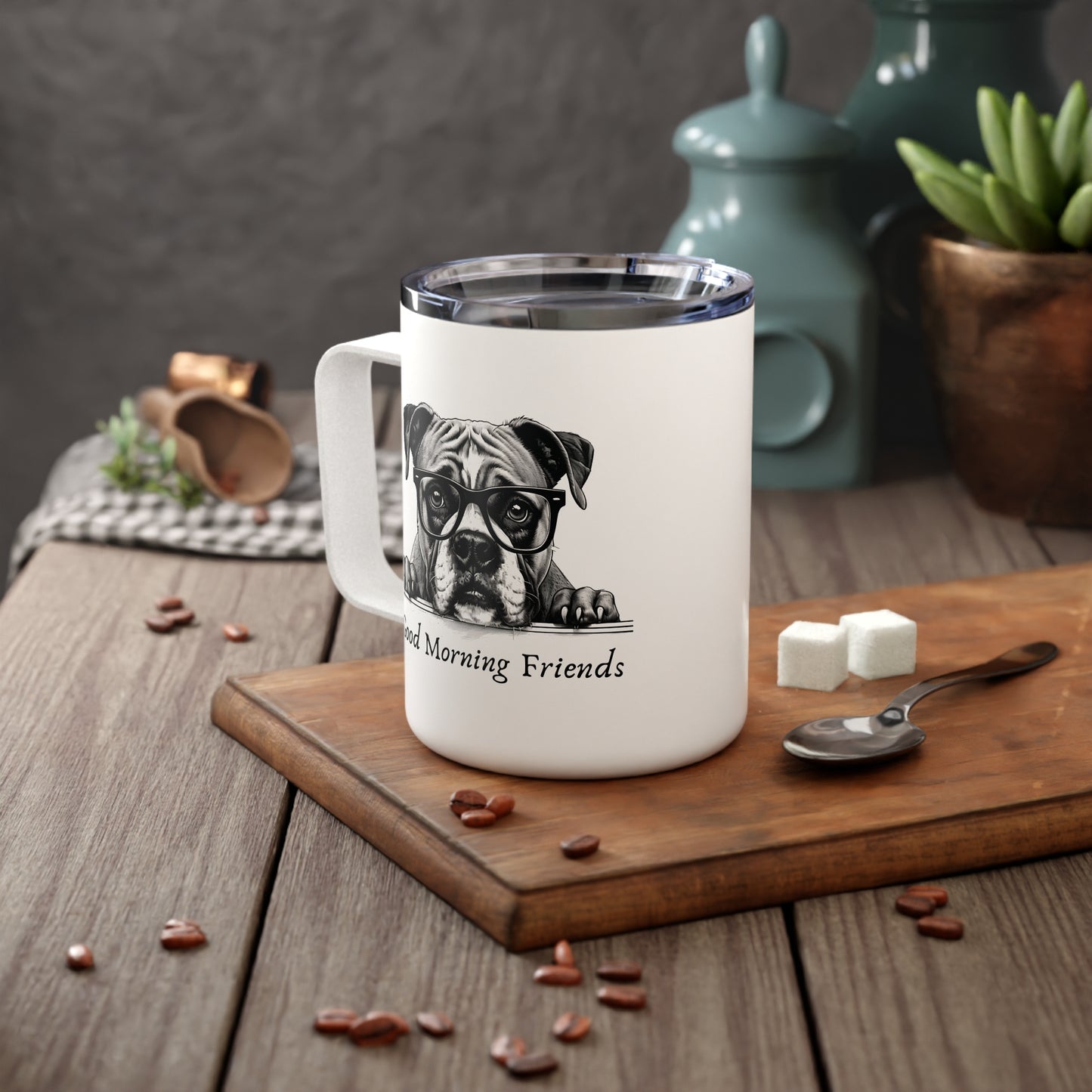 Good Morning Friends Boxer vibes Insulated Coffee Mug, 10oz